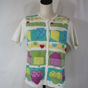 In Stitches by Eagle Eye Vintage Cardigan Sweater Pastel M Kites Hearts Star
